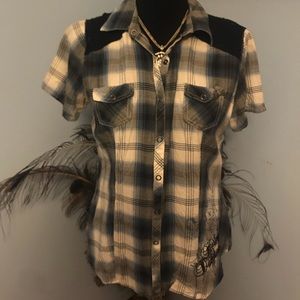 Lace inset snap front shirt